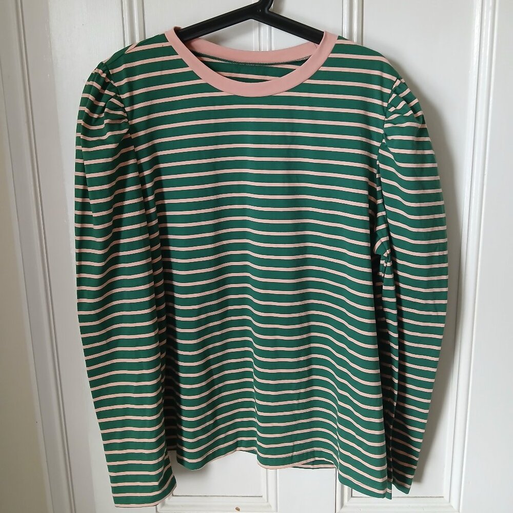 Pink & Green striped puff sleeved shirt Pretty Garden brand from Amazon XXL